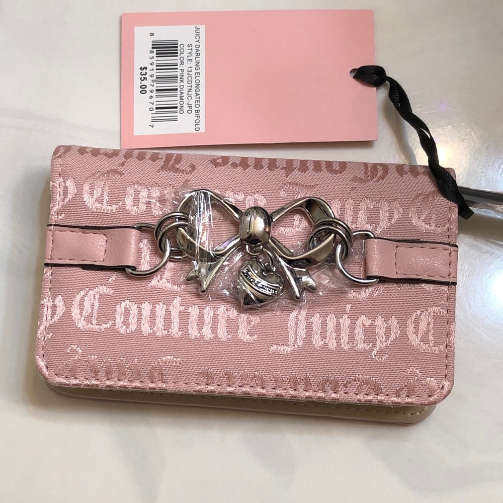 Juicy Couture Juicy Darling Pink Diamond Elongated Bifold Wallet Bow Accent NWT